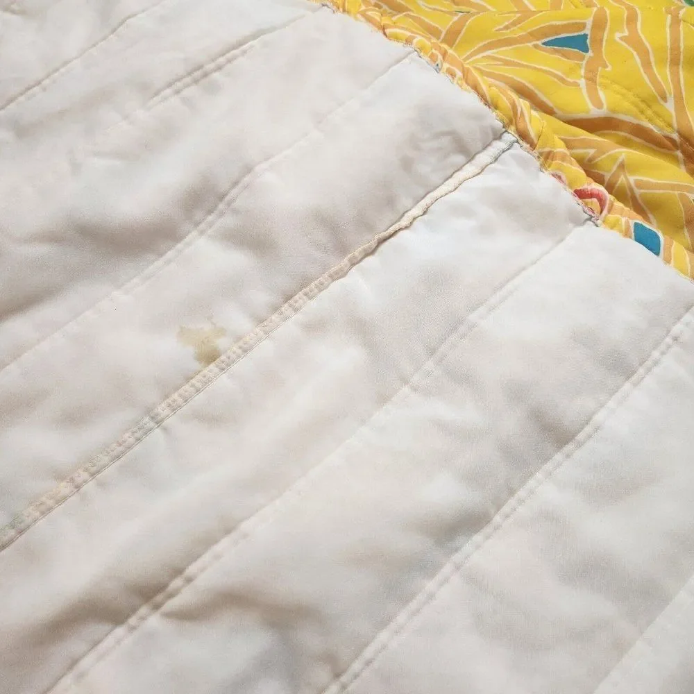 Vintage 80s Bedspread Queen Size Yellow Quilted Polyester Hawaiian Floral